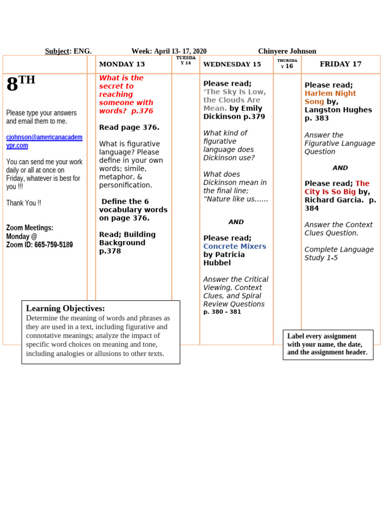 8th Grade English Assignments April 2020 | PDF | Semiotics | Human ...