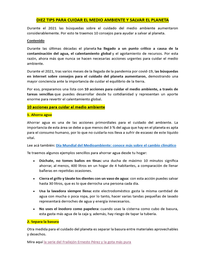 10 Consejos para Cuidar el Planeta | PDF | Residuos | Entorno natural