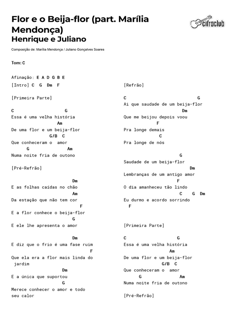 Cifra Club - Henrique e Juliano - Flor e o Beija-flor (part. Marília ...
