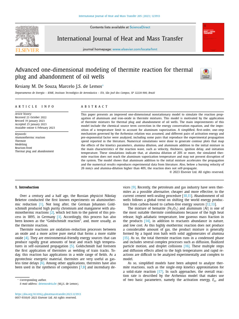 Advanced One Dimensional Modeling of Thermite Reaction For Thermal Plug ...