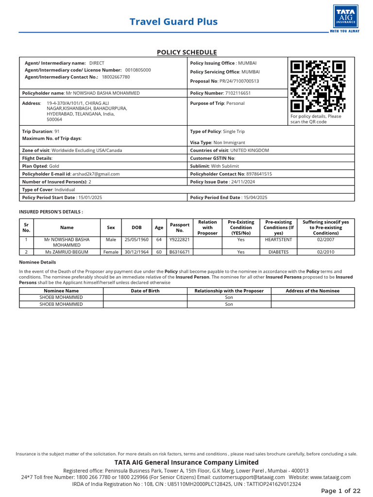 TATA AIG Travel Insurance Policy Details | PDF | Insurance | Cheque