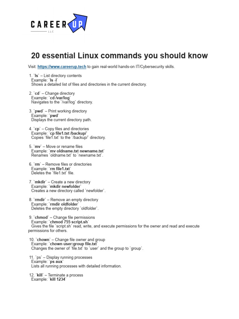 20 Linux Commands 1727977623 | PDF | Computer File | Directory (Computing)