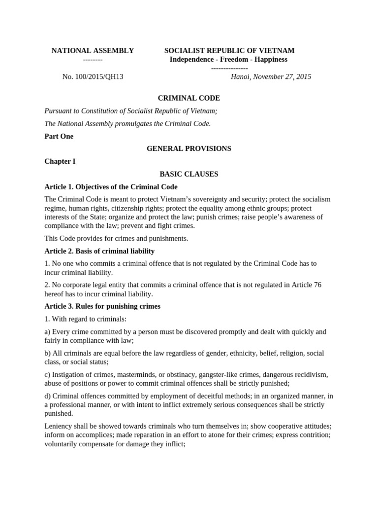 Vietnam Criminal Code Overview | PDF | Crimes | Crime & Violence
