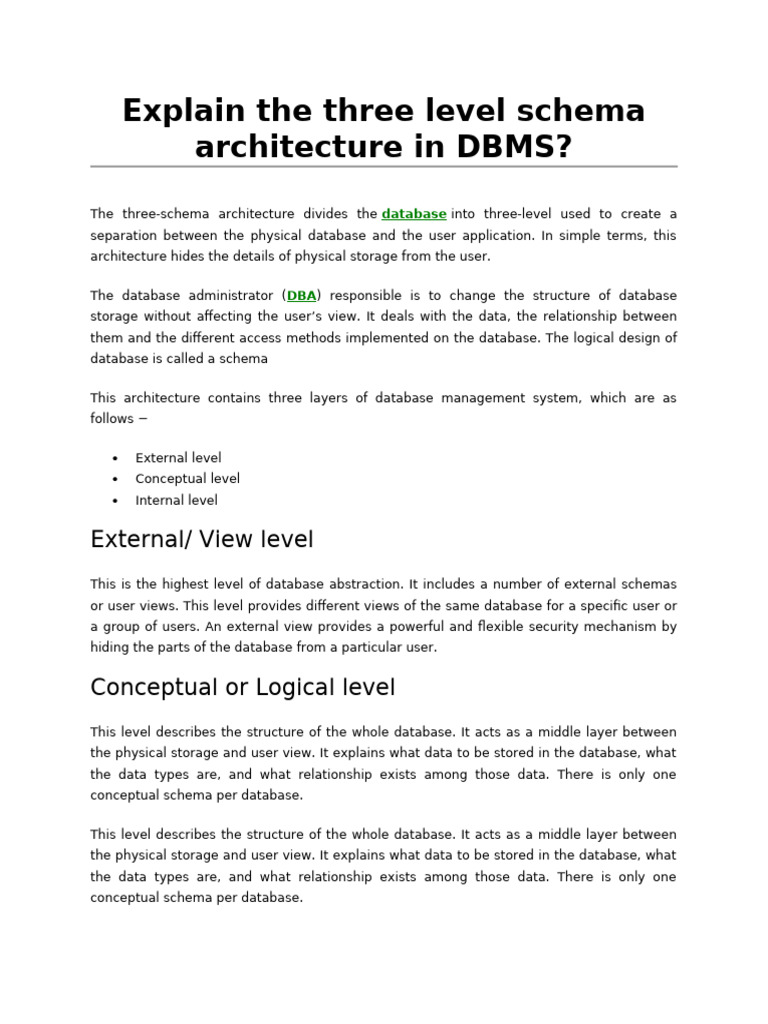 three level schema architecture in DBMS | PDF