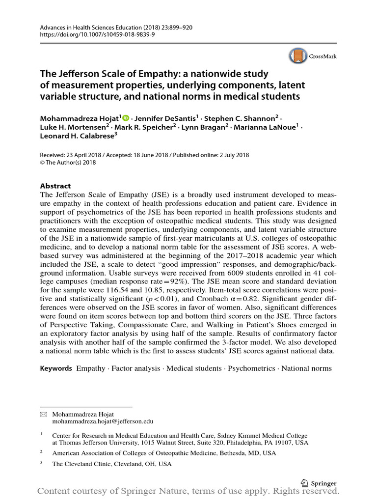 The Jefferson Scale of Empathy A Nationwide Study | PDF | Chi Squared ...