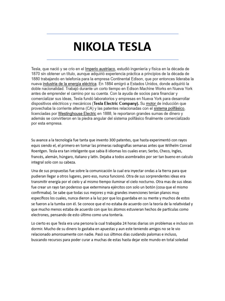Vida y legado de Nikola Tesla | PDF | Nikola Tesla | Electricidad