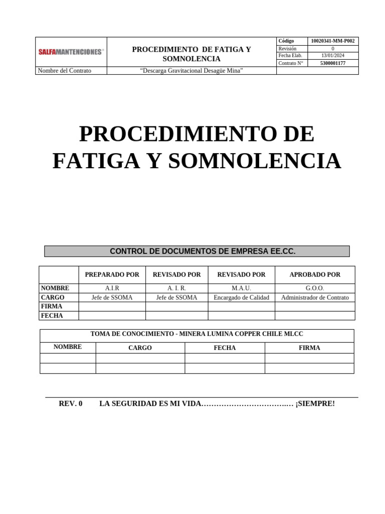 Procedimiento de Fatiga y Somnolencia | PDF | Dormir | Seguridad y ...