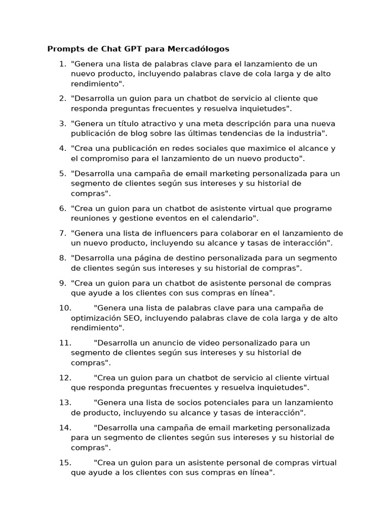 Prompts de Chat GPT para Mercadólogos | PDF | Marketing