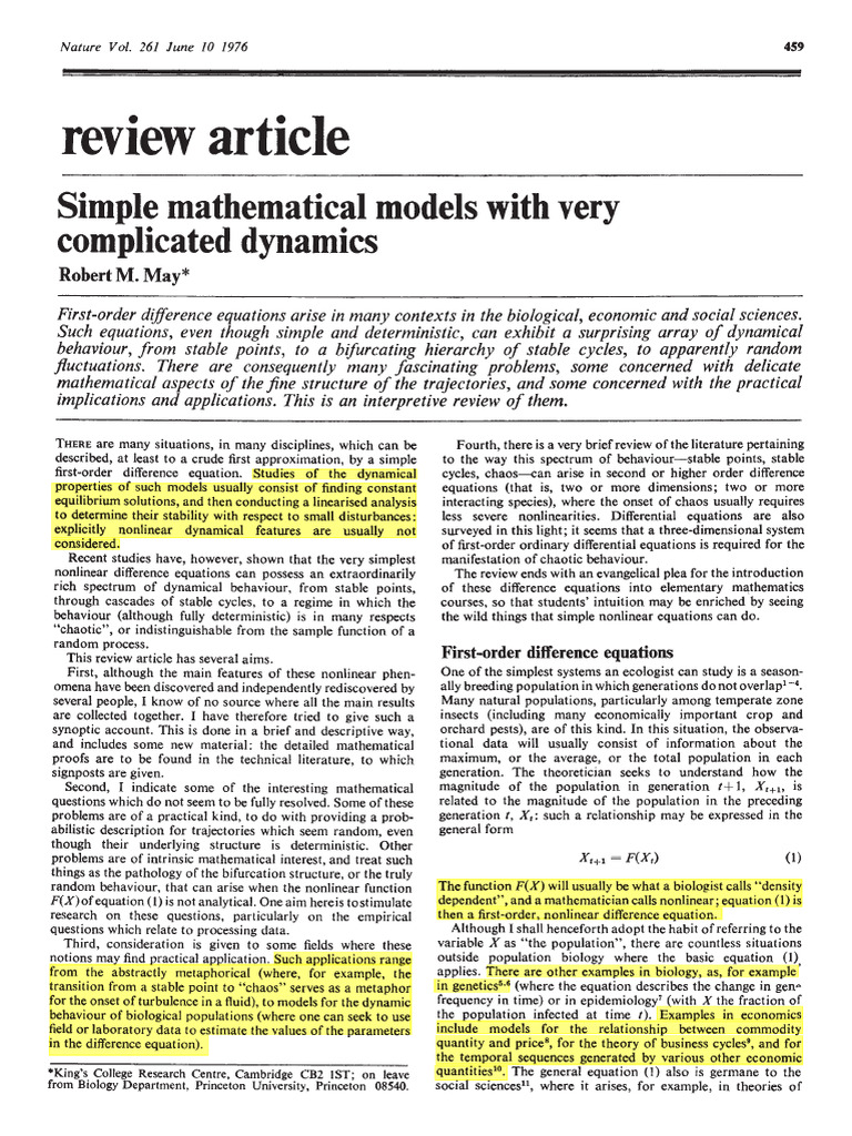 Simple Mathematical Models With Very Complicated Dynamics | PDF