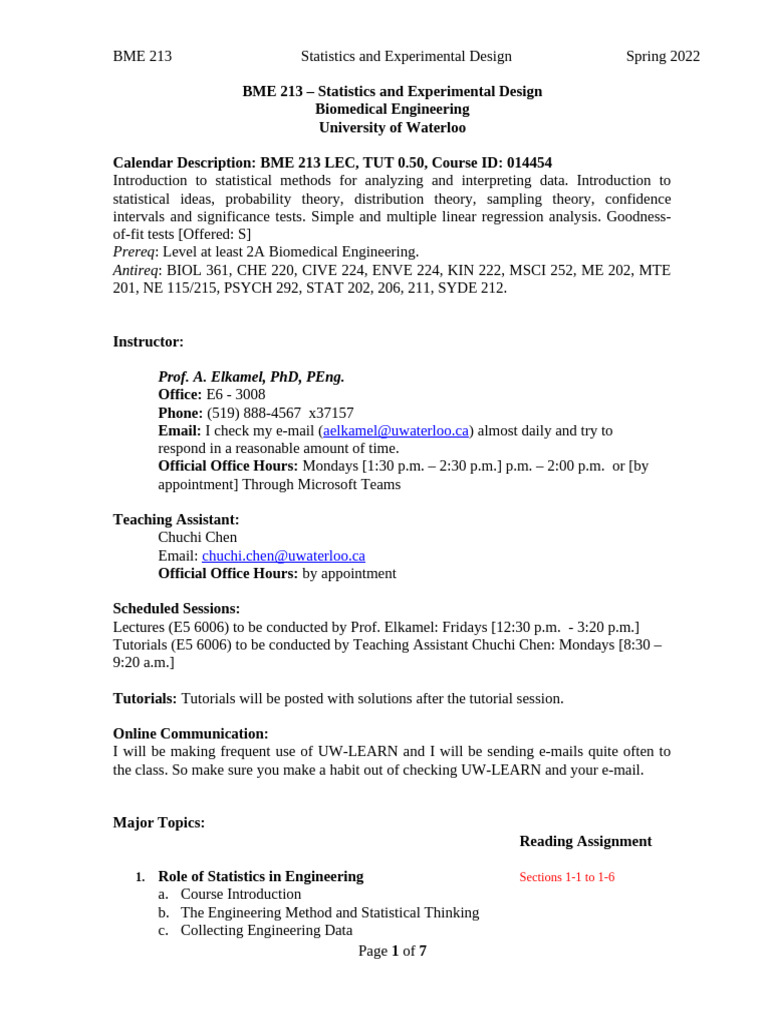 BME 213: Statistics in Biomedical Engineering | PDF | Probability ...