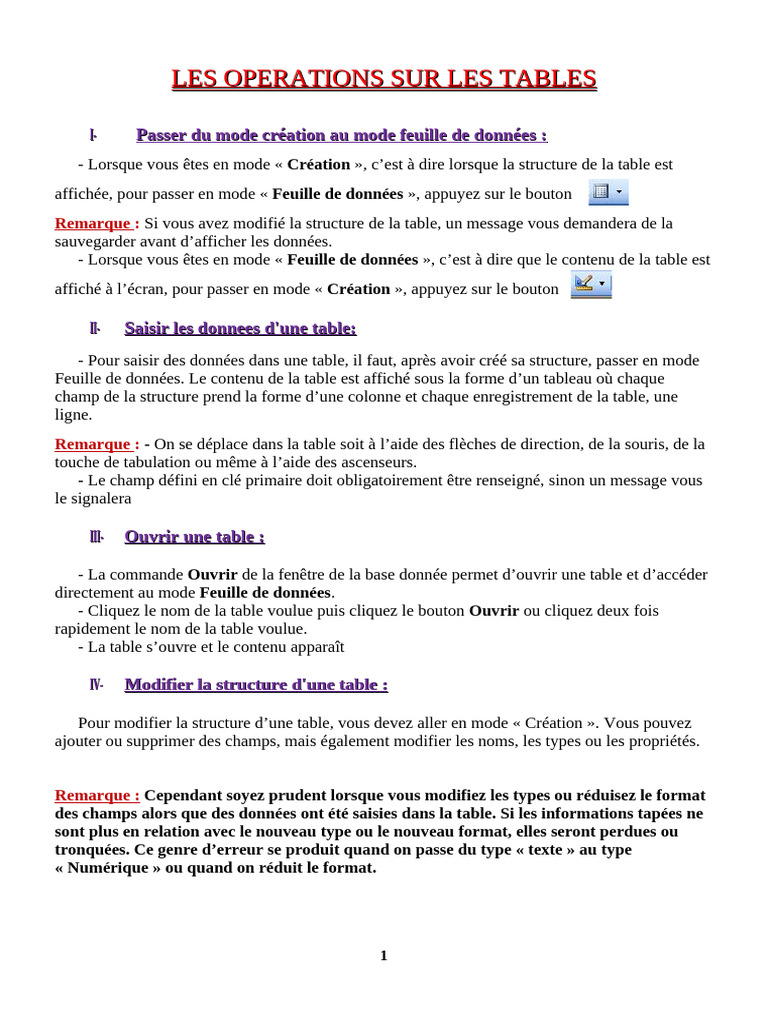 Cours N° 08 les operations sur les tables | PDF | Bouton (informatique ...