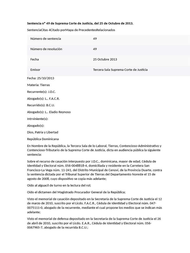 Sentencia 49 sobre Tierras en RD | PDF | Propiedad | Sentencia (ley)