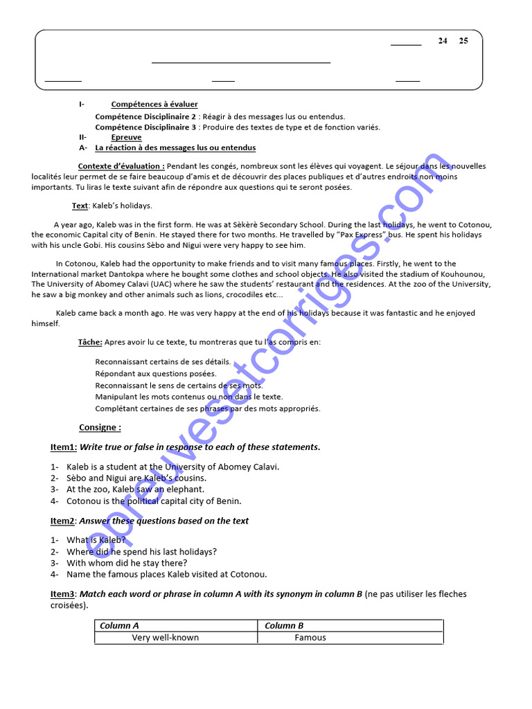 Devoir d'Anglais 5ème 2024-2025 | PDF | Linguistics | Grammar
