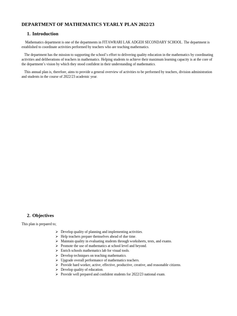 Mathematics Department PlanFI | PDF | Teachers | Mathematics
