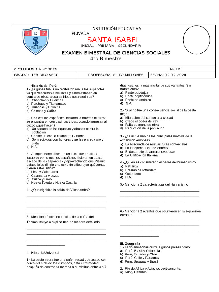 Examen 4to Bimestre de 1ro - Ciencias Sociales | PDF | Perú | Peste ...