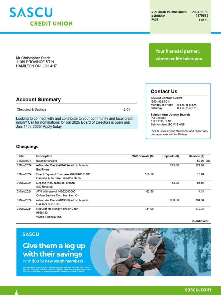 Salmon Arm Credit Union Statement | PDF | Debit Card | Transaction Account