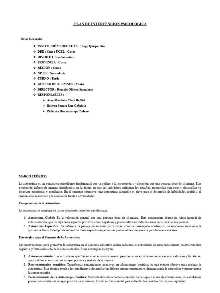 Plan de Intervención Psicológica | PDF | Autoestima | Las emociones