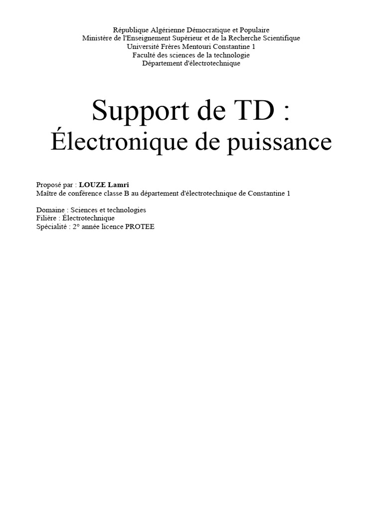 TD Électronique de Puissance : 2e Année | PDF | Redresseur | Composants ...