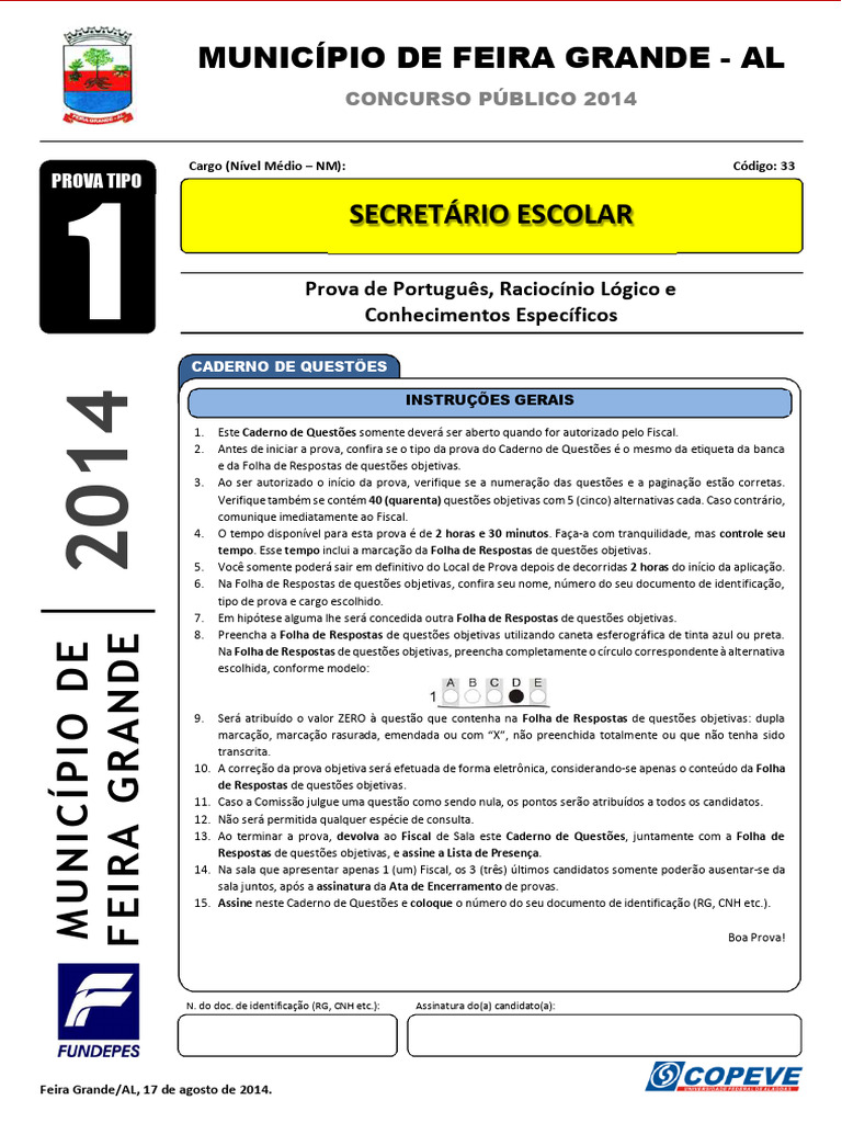 Prova - Secretario Escolar - Tipo 1 | PDF | Empoderamento