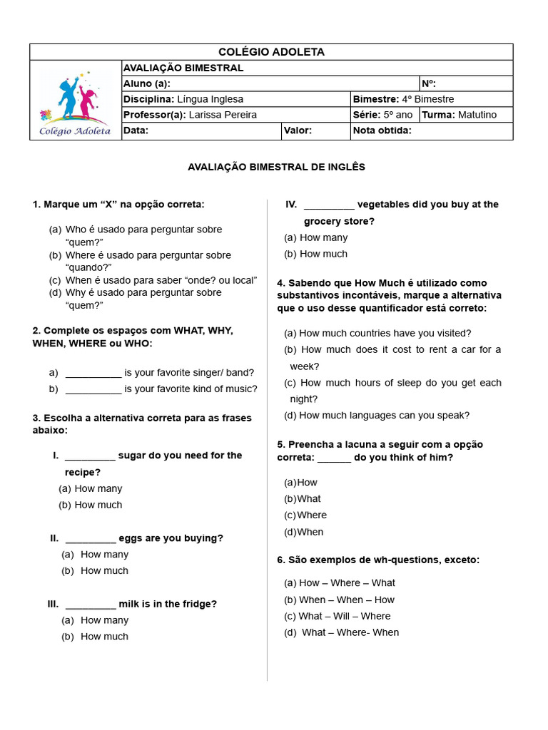 Avaliação de Inglês 5º Ano | PDF