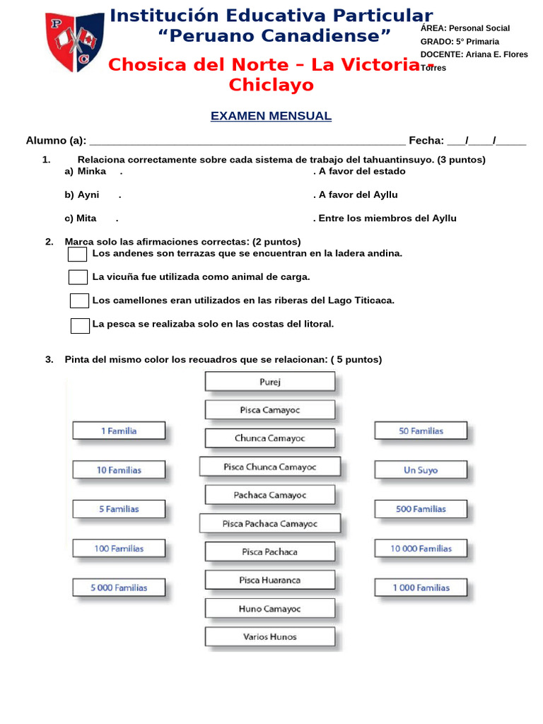 Examen Mensual de Personal Social 5° Primaria | PDF | Comportamientos ...