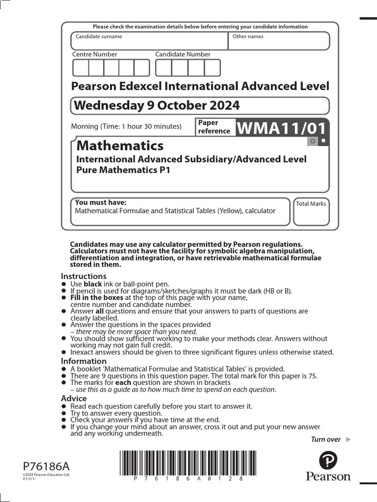 Oct 2024 Pure Maths P1 Exam Paper | PDF | Mathematics | Applied Mathematics