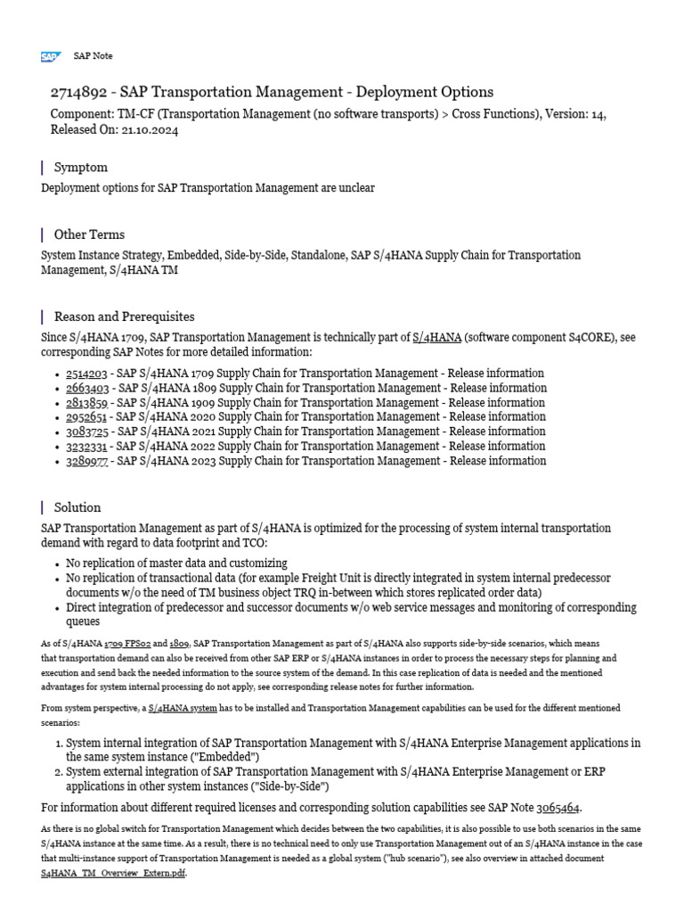 SAP TM Deployment Options SAP Note 2714892 | PDF | Supply Chain | Computing