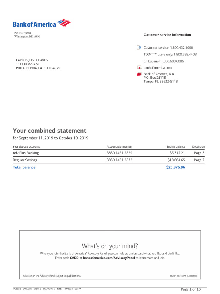 Adv Plus Banking Statement Summary | PDF | Bank Of America | Banks