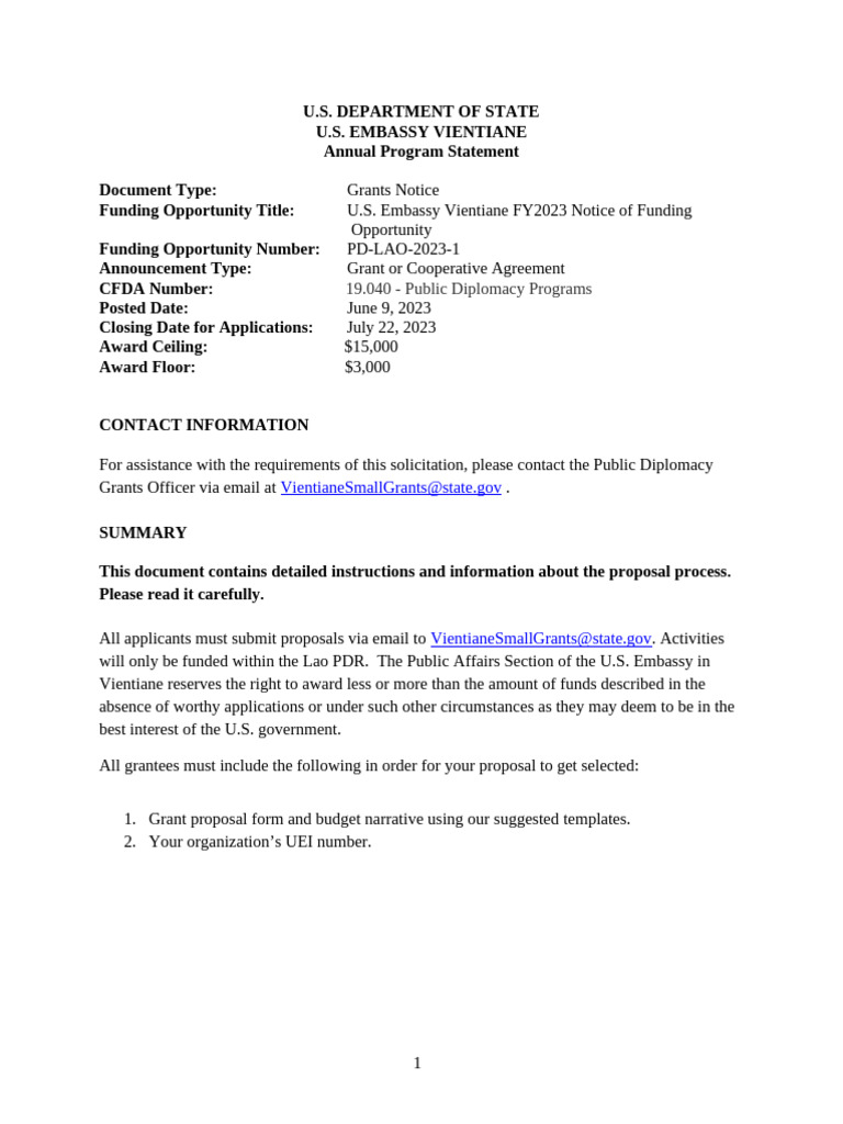 Draft APS 2023 US Embassy Small Grants Program Laos FY2023 | PDF ...