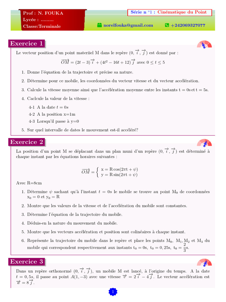 Cinématique du Point : Exercices Corrigés | PDF | Accélération ...