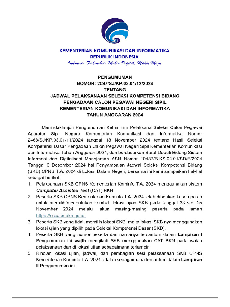 Pengumuman pelaksanaan skb cpns kominfo t a 2024 pdf