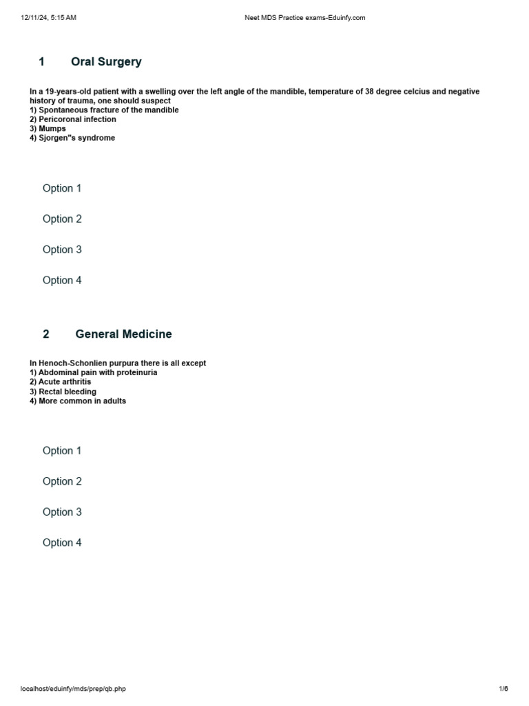 NEET MDS Practice Questions | PDF | Medical Specialties | Clinical Medicine