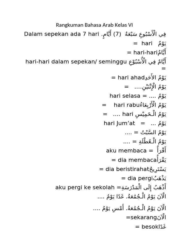 Rangkuman Bahasa Arab Kelas VI | PDF