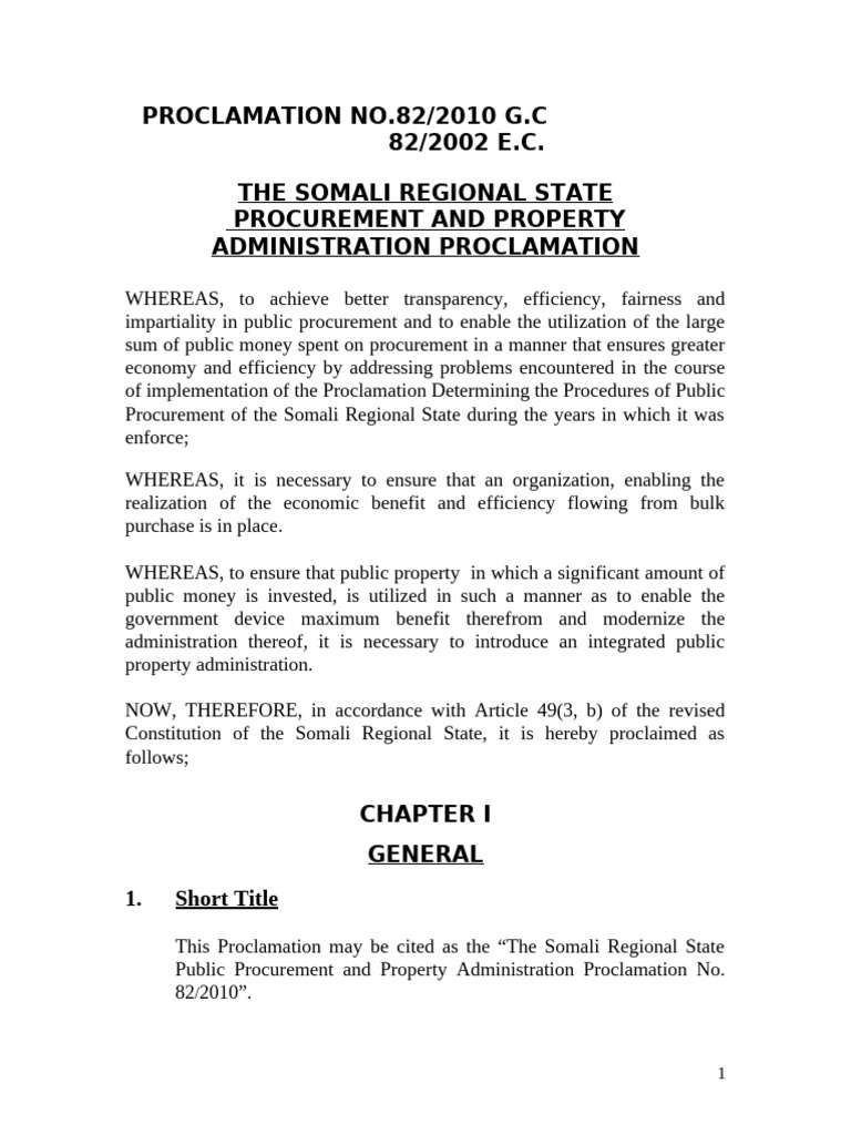 Somali Regional State Procurement Proclamation | PDF | Procurement ...