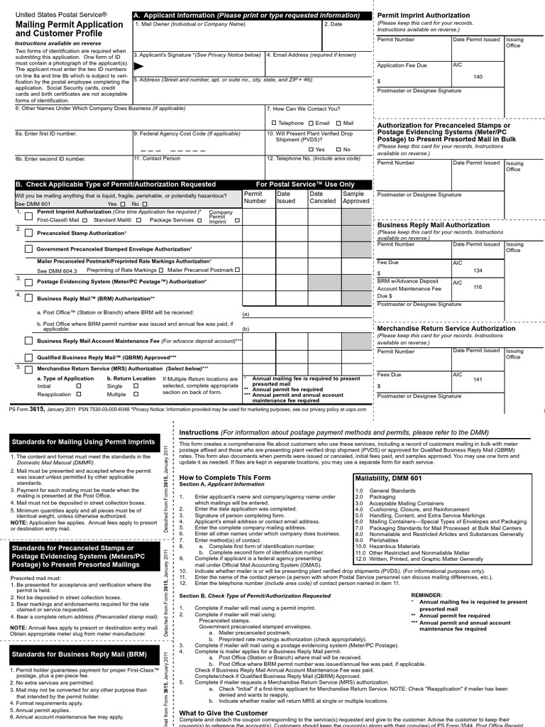 Ps3615 Mailing Permit United States Postal Service Postage Stamp