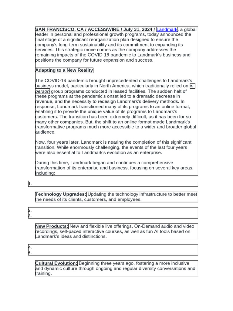 Landmark's Strategic Reorganization Plan | PDF | Sustainability | Economies