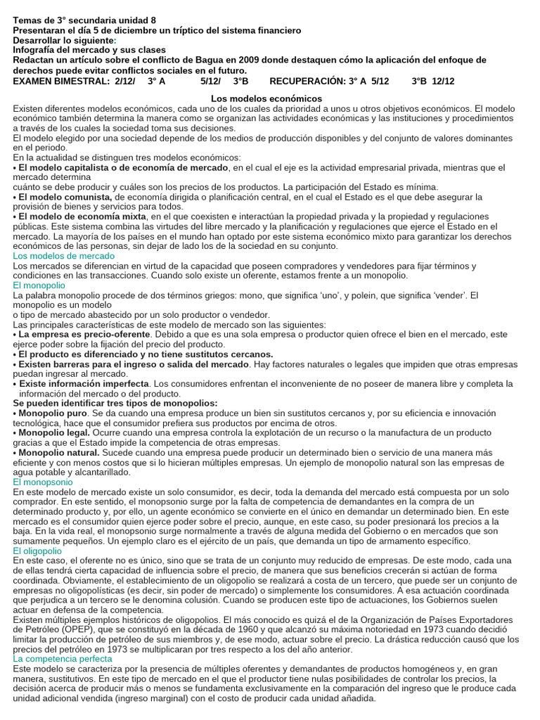 Modelos Económicos y Mercados en 3° Secundaria | PDF | Monopolio | Bancos