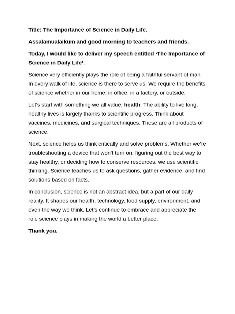 Public Speaking The Importance of Science in Daily Life | PDF