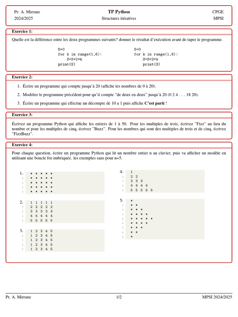 Exercices Python pour CPGE MPSI 2024/2025 | PDF | Python (Langage de ...