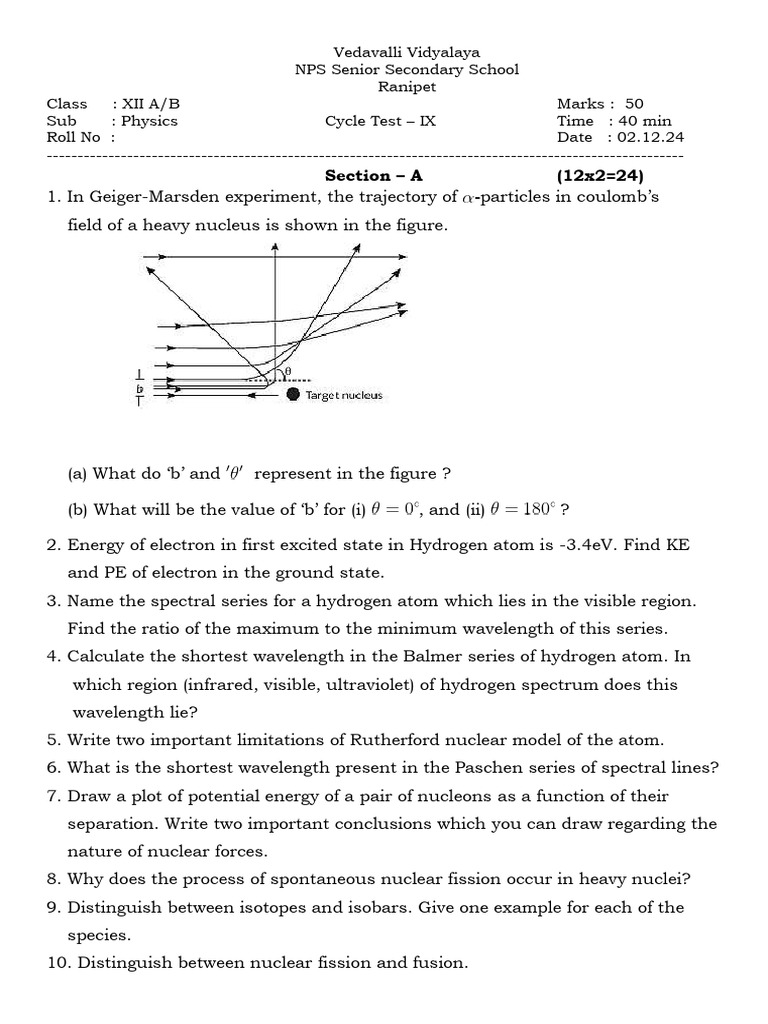 Physics Cycle Test Class XII A/B | PDF | Atoms | Atomic Nucleus