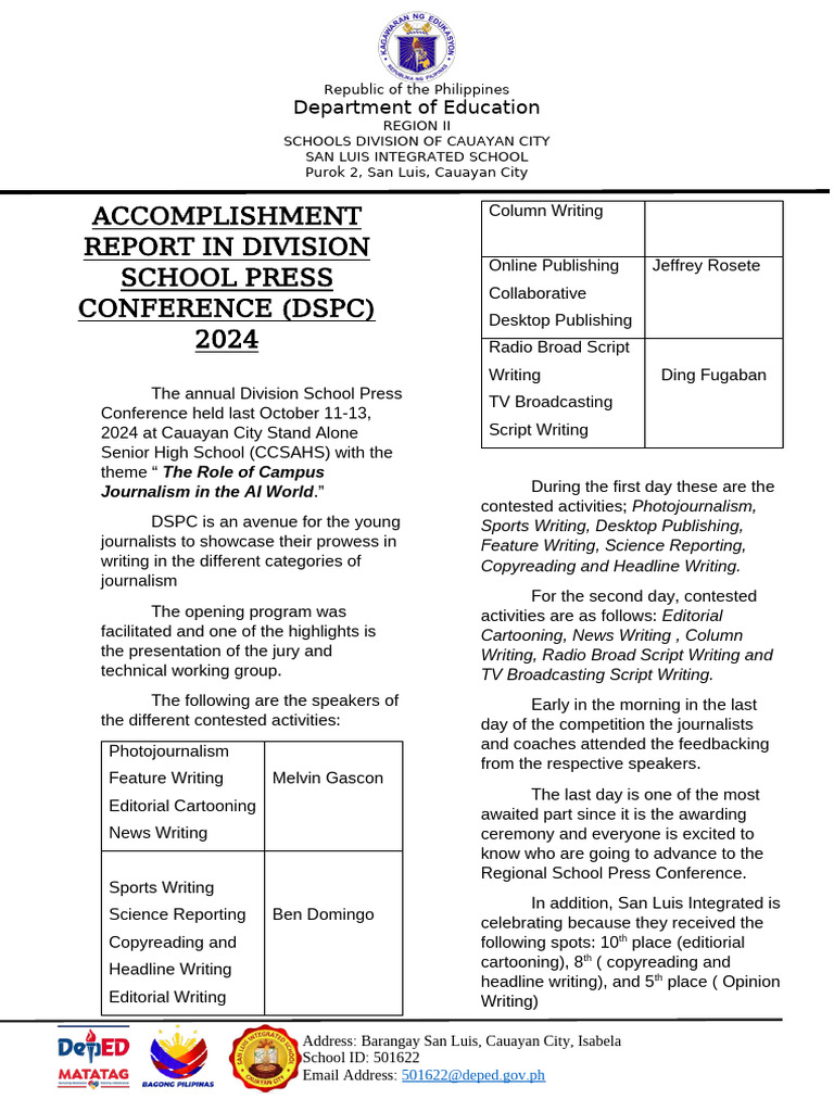DSPC 2024 Accomplishment Report | PDF | Public Sphere | Human Communication