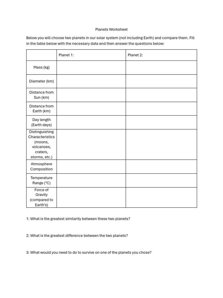 Compare Two Planets Worksheet | PDF | Planets | Jupiter