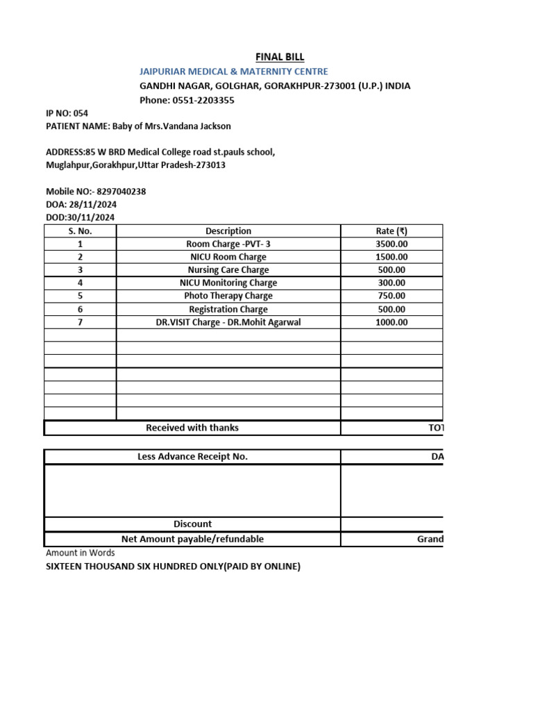 Hospital Final Bill for Maternity Care | PDF