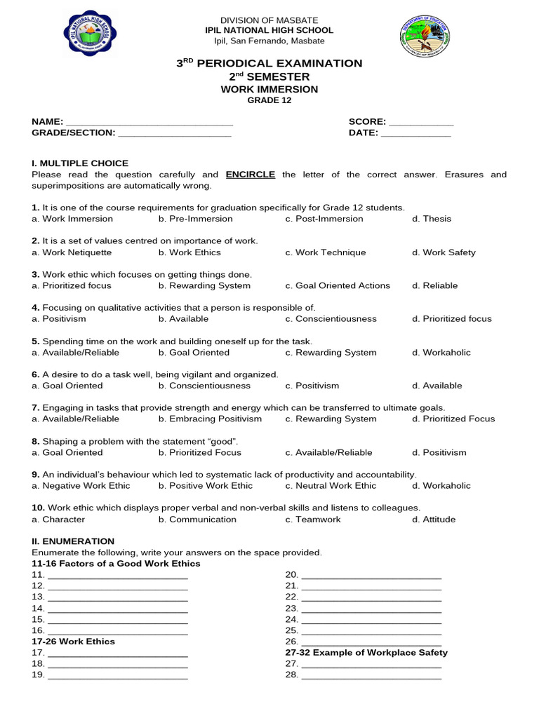 Grade 12 Work Immersion Exam Guide | PDF | Safety | Social Psychology