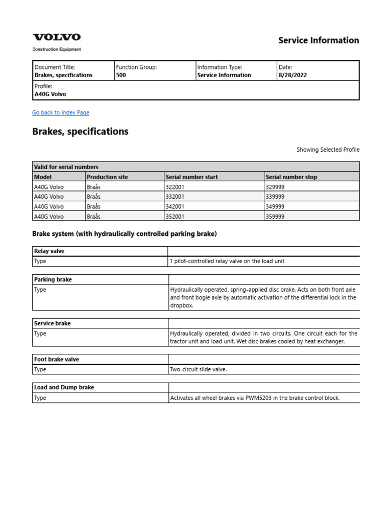 A40G Volvo Brake System Specifications | PDF