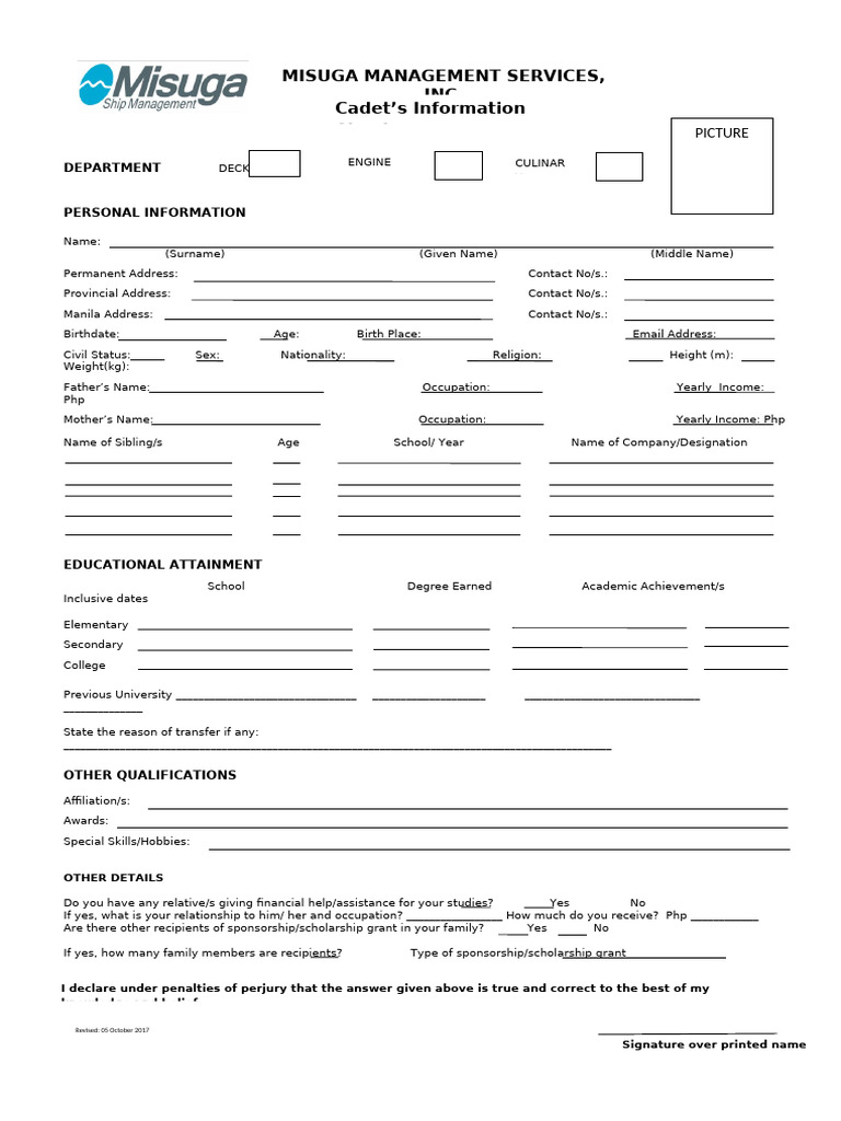 Cadet Information Sheet Template | PDF