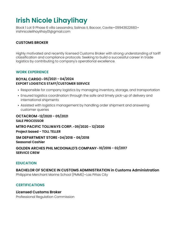 Licensed Customs Broker Resume | PDF