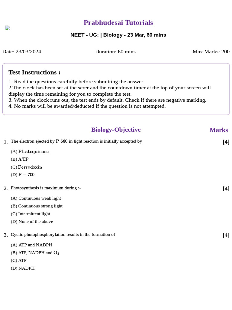 Photosynthesis in Higher Plants NEET Worksheet | PDF | Photosynthesis ...
