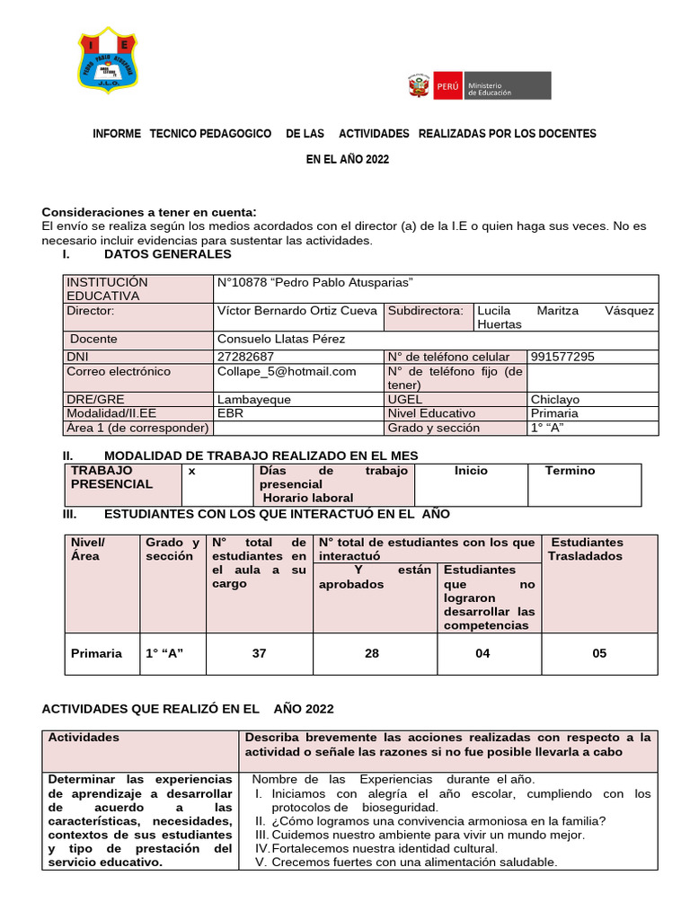 Informe Tecnico Pedagogico 2022 | PDF | Evaluación | Aprendizaje