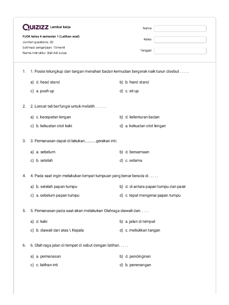 Asah Keterampilan dan Pengetahuan: Download Soal PJOK Kelas 4 Semester 1 untuk Persiapan Optimal